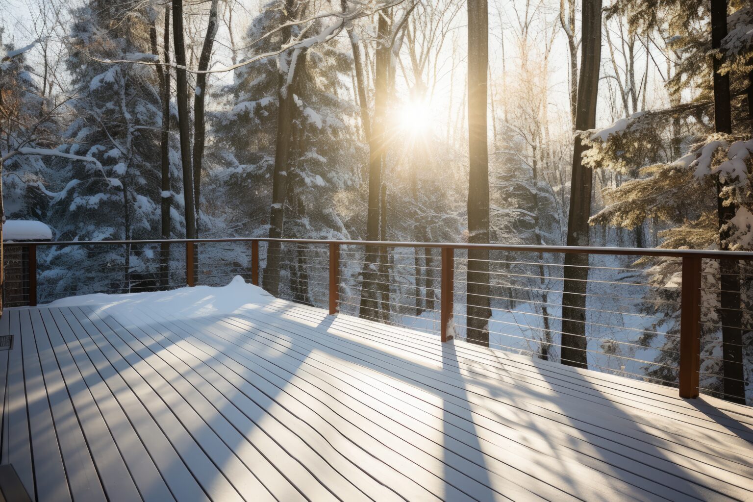 Snow-covered cozy terrace with railings near a wooden house in a winter park at dawn or sunset. Southern Comfort Exteriors has tips for prepping your deck or porch for SC winter.